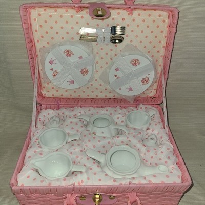 Vtg Delton Miniature Porcelain Tea Set w/ With Pink Basket Ballerina Girl 