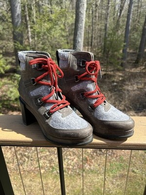 Sorel Addington Lace up Heeled boots Grey Wool And Leather 8.5