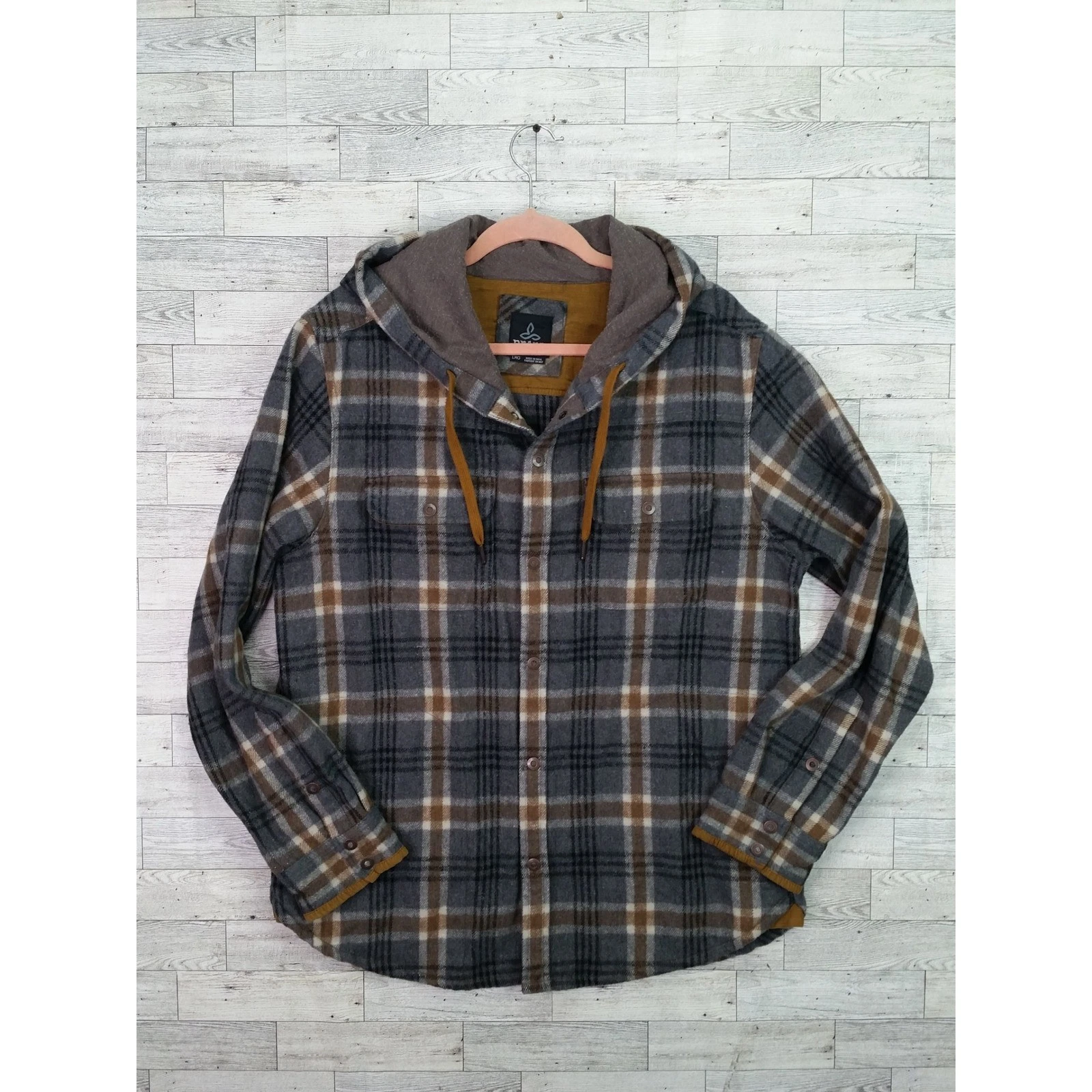 PrAna Asgard Men's L Gray Brown Plaid Hooded Flannel Jacket Snap Front image 1