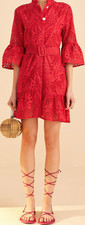 $260 Farm Rio Red Lace Eyelet Mini Dress Collared Belted Bell Sleeve Button XS