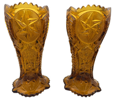 VTG L E Smith Amber Glass Vases Whirling Ohio Star Mid Century Design 9'' Pair