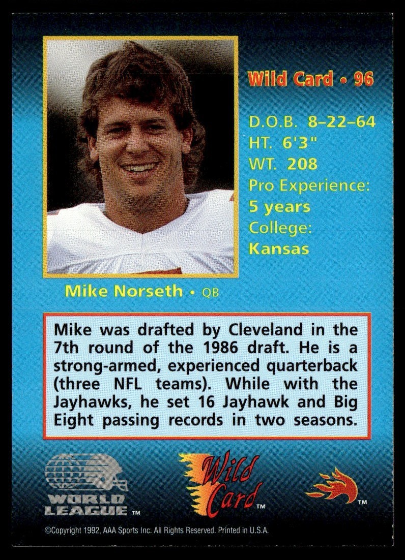 1992 Wild Card World League - Mike Norseth #96 (RC) for sale