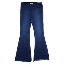 We The Free People Penny Pull-On Flare Jeans Dark Wash Blue 31 Raw Hem Stretch