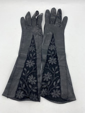 Vintage Women's Long Leather Gloves Black Lace Inset