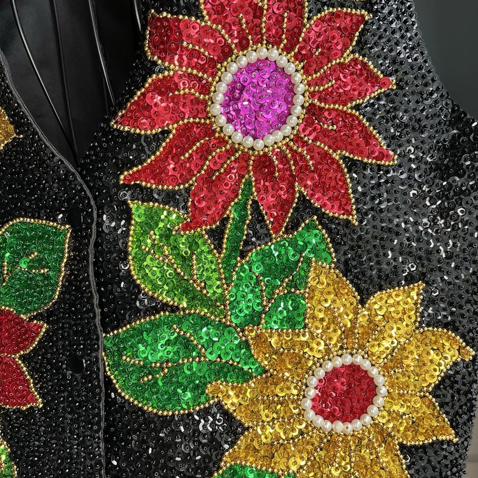 Chaleco Bali Chic Lentejuelas Cuentas Negro Floral Festivo Fiesta Top Talla Única Foto 3 de 4