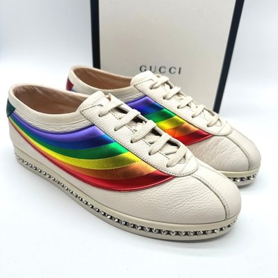 Gucci Falacer Rainbow Metallic Leather Crystal Sneakers Off White 498921 38/8