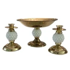 VTG 3pc Candle Holders & Centerpiece Gold Tone Metal Milk Glass Hobnail Japan