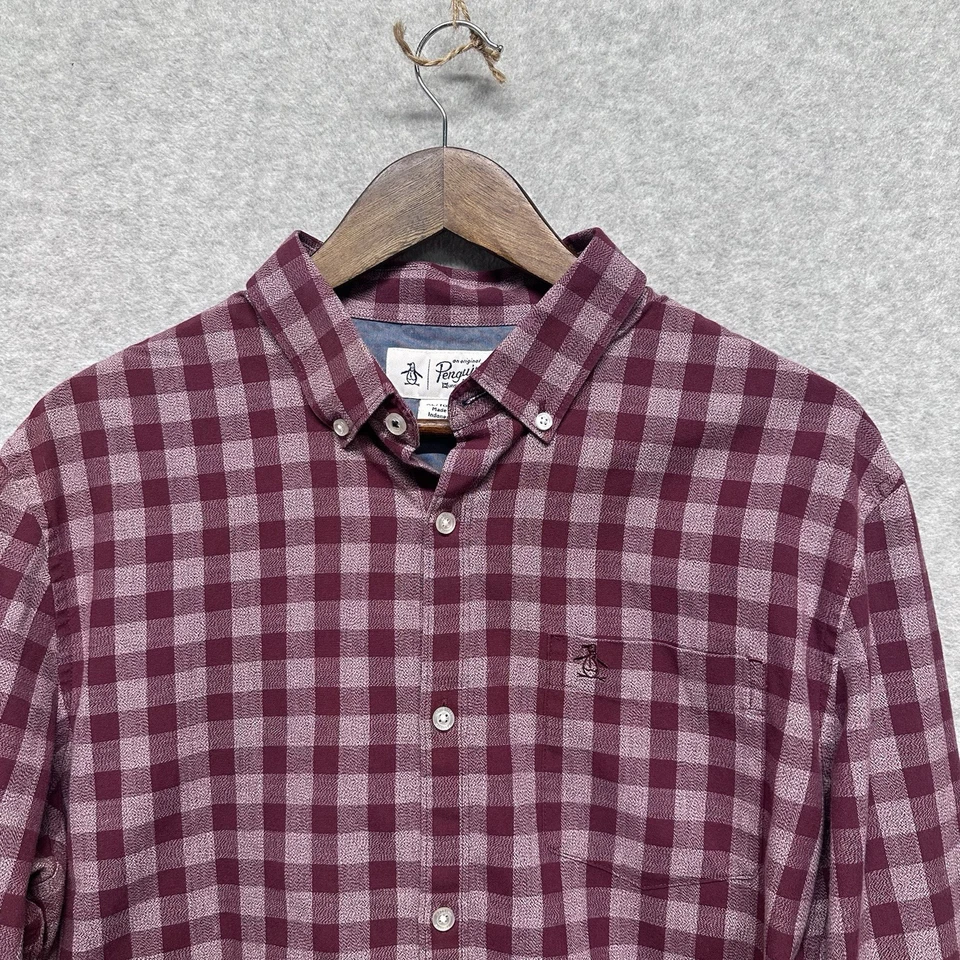Penguin Shirt Mens Size XL Burgundy Red Plaid Casual Button Up Long Sleeve Basic - Image 3 of 4