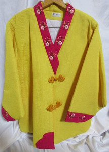 Korean Hanbok Style Jeogori Jacket Yellow & Red Embroidered Frog Closure Womens