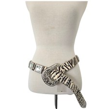 Y2K Rhinestone Zebra Print Belt Genuine Leather MK Buckle Western L