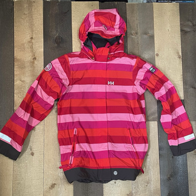 Helly Hansen Girl's Size 152/12 Striped Lightweight Rain Jacket PINK/RED/ORANGE