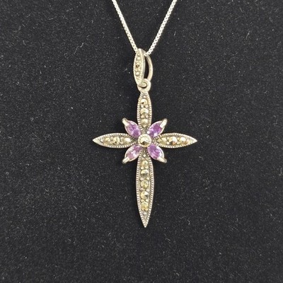 VTG 925 Sterling Silver Amethyst & Marcasite Cross Star Pendant Necklace Chain