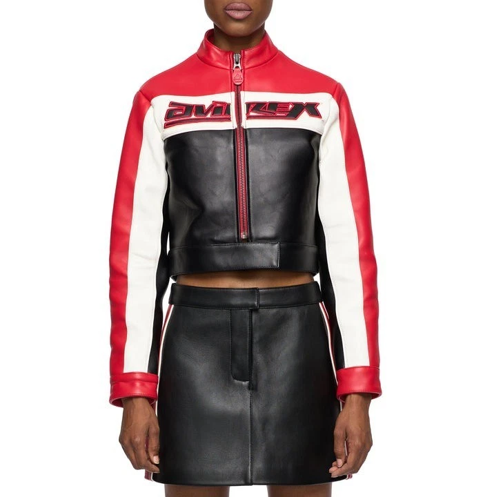 Chaqueta de motociclista Avirex roja y negra recortada Icon chaqueta de cuero de vaca real para mujer Foto 4 de 4