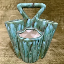 VTG 1970s Byron Mold Ceramic Utensil Holder Blue Green Drip Glaze 7”