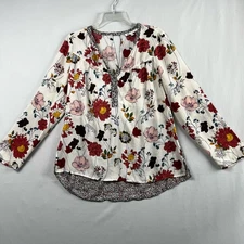 DR2 Tunic Blouse Womens Medium Floral Long Sleeve Hi Low Cottage Core