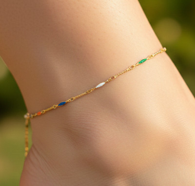 Delicate Gold Plated Chain Anklet Minimalist Multi-Color Enamel Bar Accents