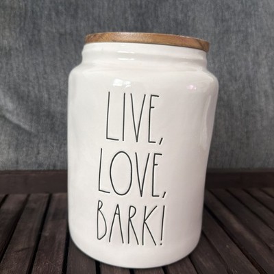 Rae Dunn LARGE Treat Jar Live, Love, Bark'' White Black Writing NWOT