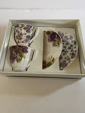 Grace's Teaware Violets Pansies Purple Tea Cup & Saucer Set Of 2 Gift Set NEW