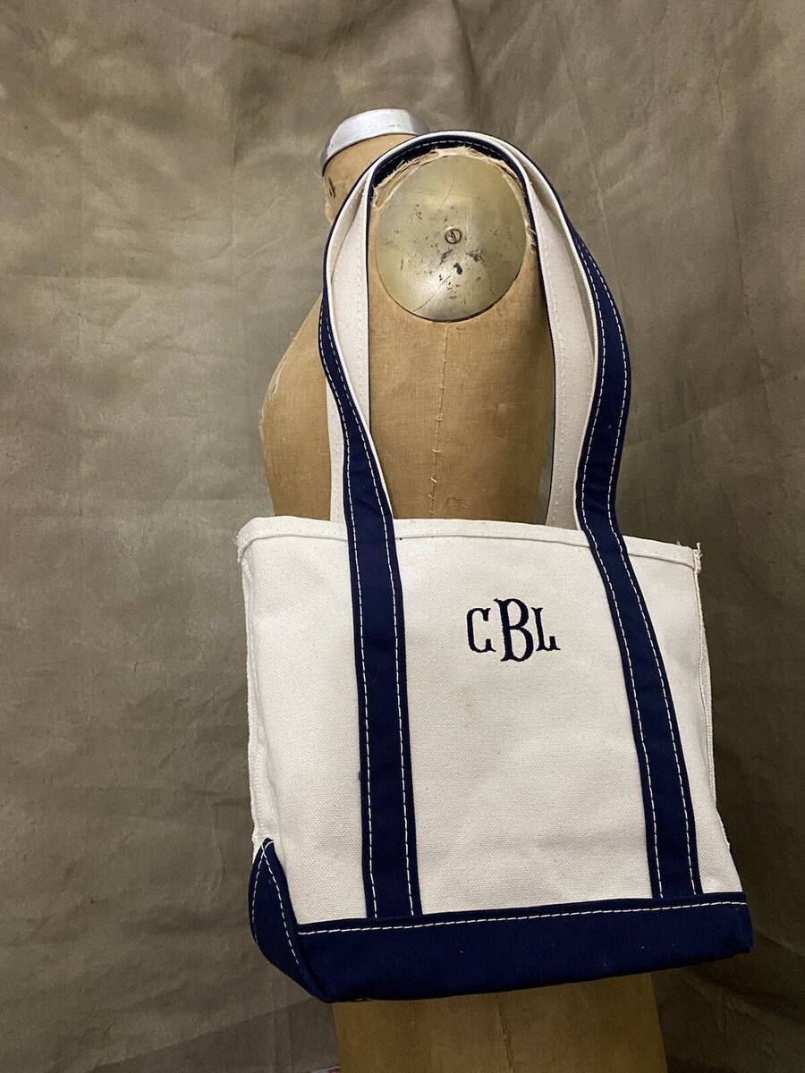 LL Bean Boat And Tote Medium Canvas Bag Beige Navy Blue Open LL Bean Boat And Tote Medium Canvas Bag Beige Navy Blue Open