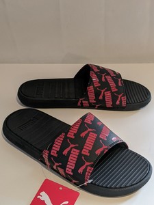 puma red and black slippers