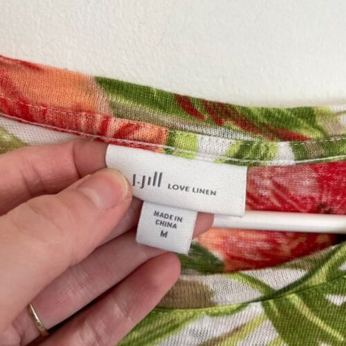 J. JILL Love Linen Tropical Floral Tie Front Tee Green Short Sleeve Top Medium M - Picture 4 of 13