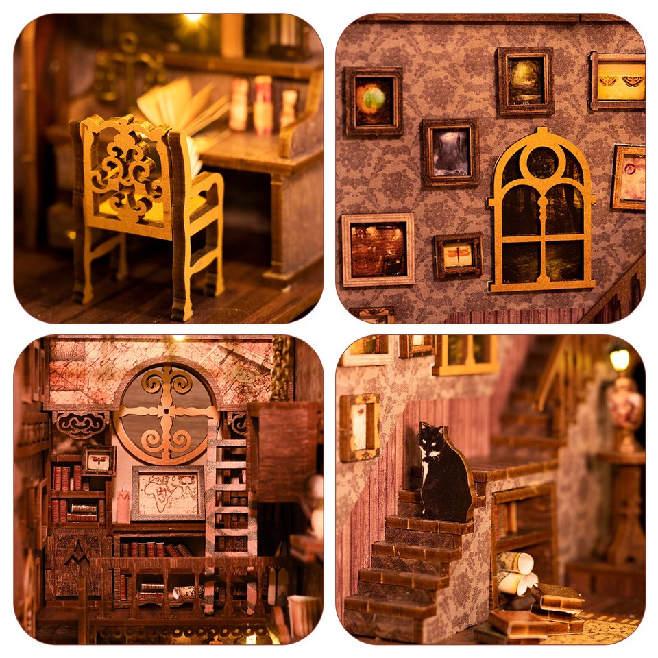 DIY Book Nook Kit 3D Wooden Puzzle Bookshelf Insert Decor with LED