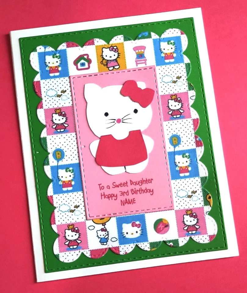 Tarjeta de cumpleaños Hello Kitty nombre personalizado y edad hecha a mano con verso en el interior Foto 4 de 4
