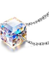 Square Crystal Necklace with 925 Sterling Silver Chain and Crystal Pendant for