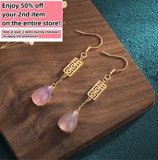 Pink Jade Drop Dangle Boho Earrings Ethnic Teardrop 18K Gold Plated Gemstone