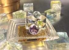 Genuine 925 Sterling Silver Amethyst, Peridot  Aquamarine Ring Size 8.75