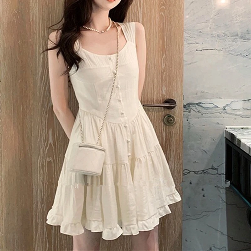 Sleeveless Strap Dresses Women Evening Beach Party White Dress One Piece  Modern