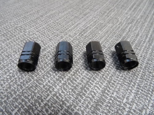 MERCEDES-BENZ BLACK ALUMINIUM METAL SOLID TYRE/WHEEL HEXAGON DUST VALVE CAPS x4 - Picture 2 of 12