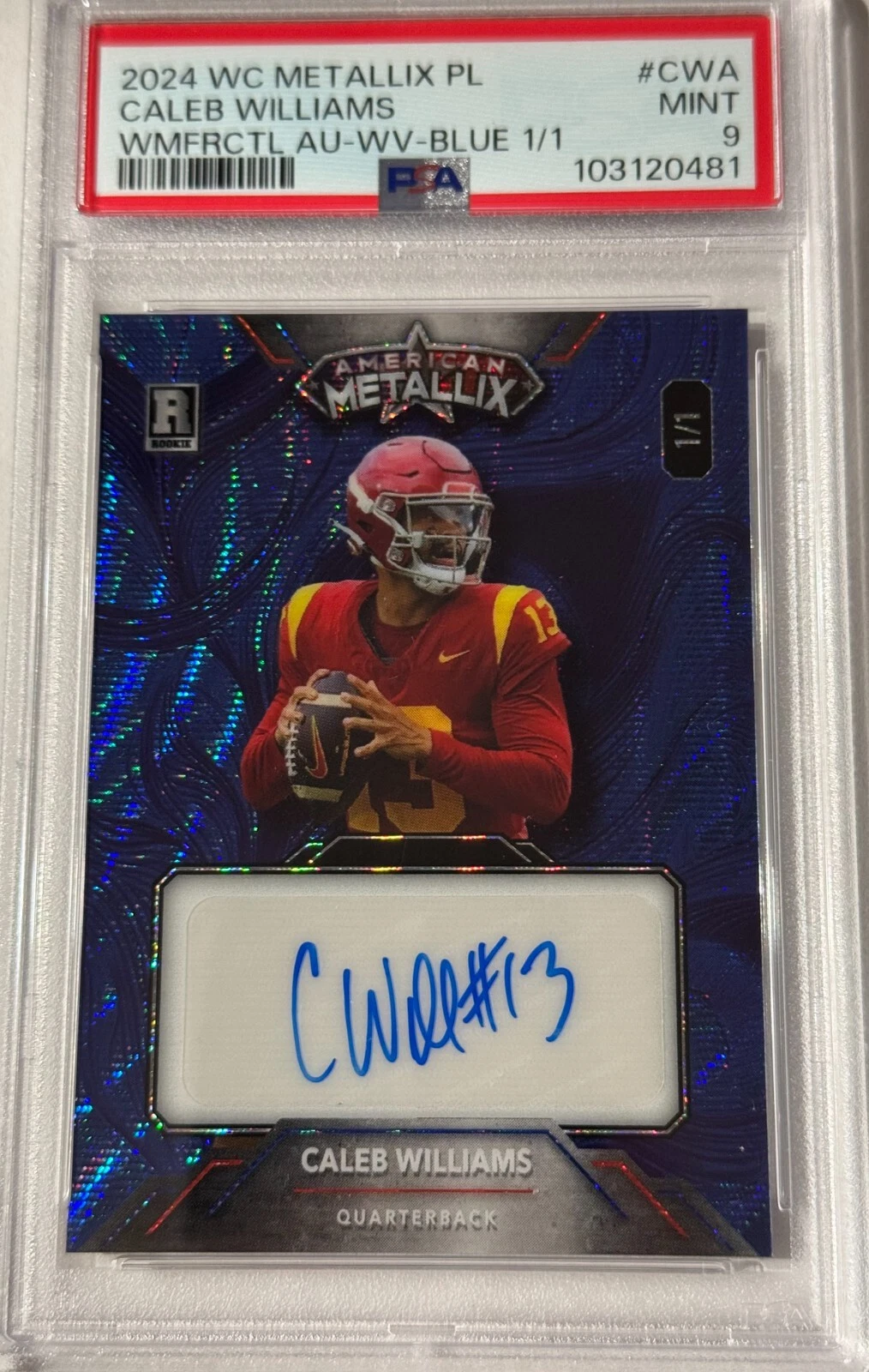 Caleb Williams Wild Card American Metallix Hobby Pro-Look Wildmegafractal Autographs #CWA Wave Holo Foil-Blue 1/1