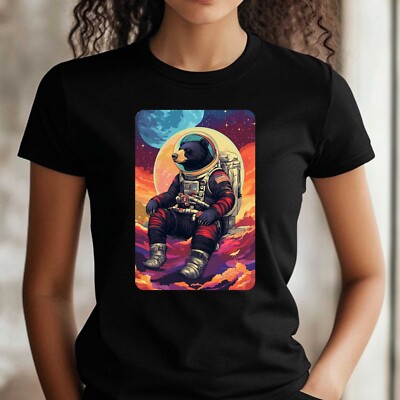 Frauen T-Shirt Schwarzbär als Astronaut Motiv Baumwolle Größe S bis 3XL