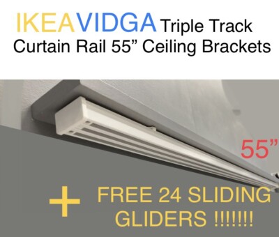IKEA VIDGA Triple Track Curtain Rail 55  Ceiling Brackets + Vidga Sliding Glider