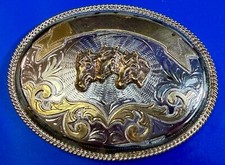 Centered Three Horse Heads Blank Trophy Award Huge Vintage Belt Buckle