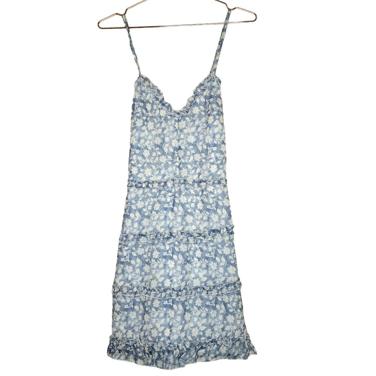 asos blue frill dress ASOS Design Blue Floral Open Back Frill Detail Dress UK 6