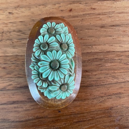 Vintage Pin Brooch Aqua Tone Celluloid On Wood Base