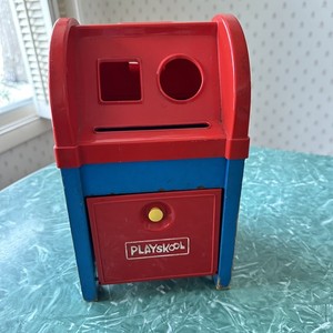 Vintage Playskool Postal Station Red White Blue Toy Mailbox Complete With Blocks