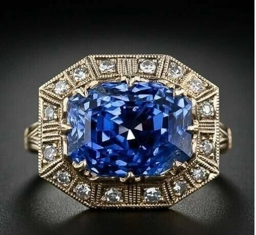 4.10Ct Natural Sapphire Antique Art Deco Vintage Wedding Ring 14K Yellow Gold FN