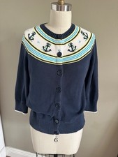 LL Bean Womens Cardigan Sweater Cotton Sailboat Print Navy Blue Nautical Small