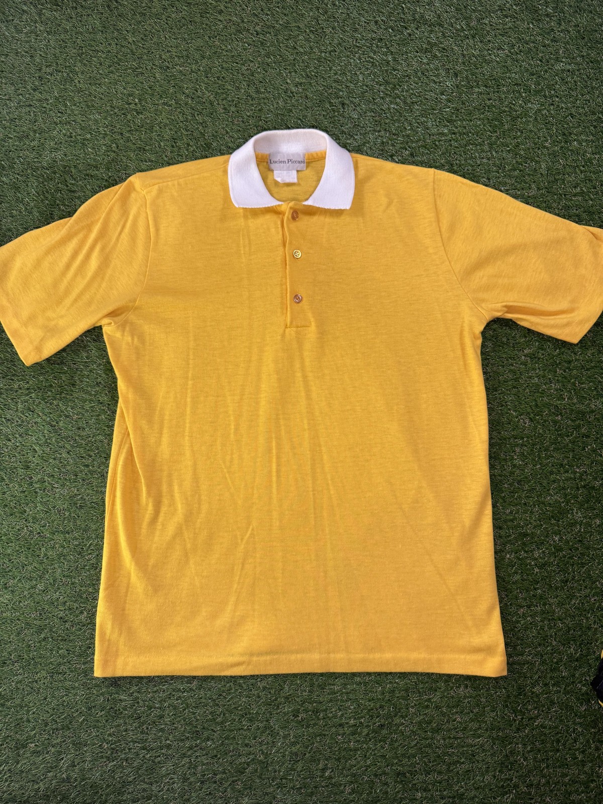 Vintage Lucien Piccard Shirt Mens Large Yellow Polo White Collar Knit 80s