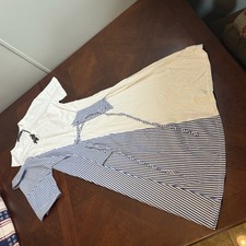 White Blue Stripe Wrap Dress Tie Waist T-Shirt Top