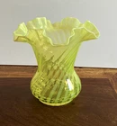 Hard to Find VTG Fenton Glass Vaseline Spiral Optic Opalescent Ruffled Vase