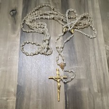 Glass Bead Christian Rosary with Gold Tone Crucifix and Religious Medallions