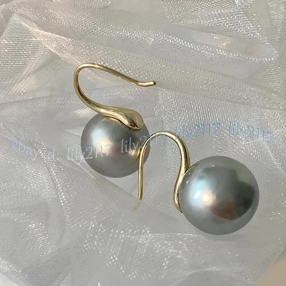 Pendientes de gancho colgantes de oro de perlas naturales reales Akoya gris plata AAA redondos perfectos Foto 3 de 4