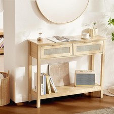 VEVOR Rattan Console Table with 2 Storage Drawers, Rattan Entryway Table with Na