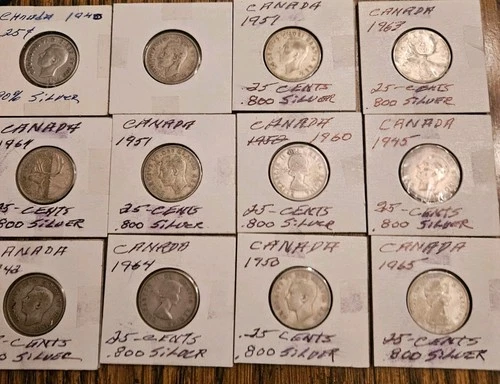 12 Canadian Silver Quarters 1965 Or Less
