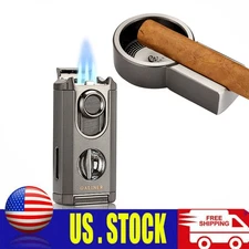 3 Jet Flame Torch Cigar Lighter V-Cutter and Metal Cigar Holder Ashtray Galiner