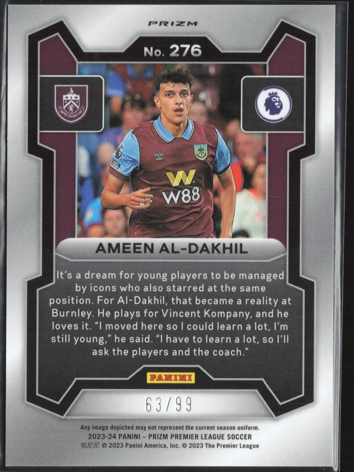 Ameen Al-Dakhil RC 2023-24 Prizm Premier League Breakaway Blue #276 /99 Burnley - Image 2 of 2